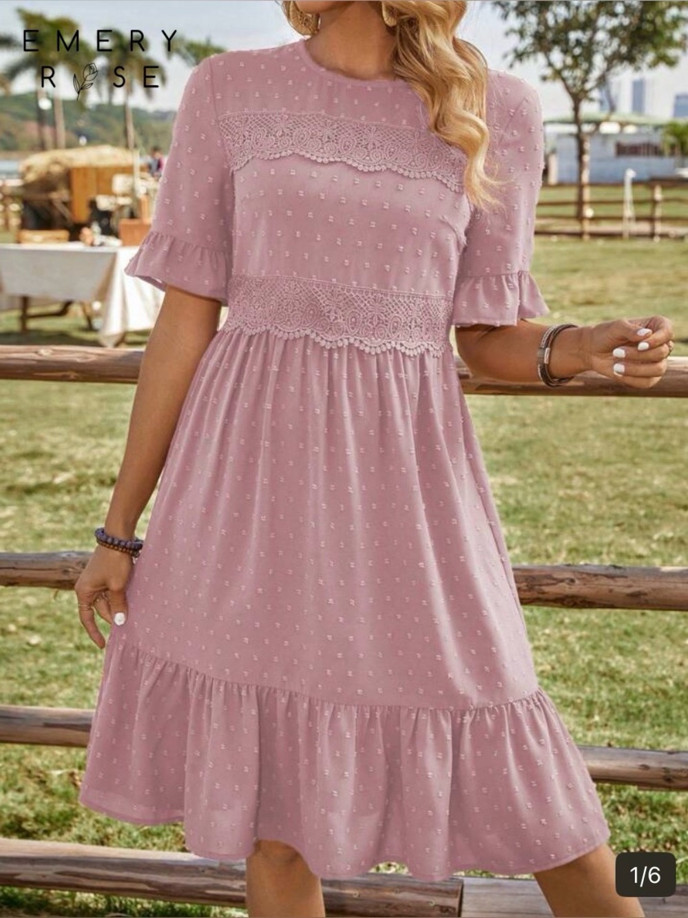 Emery Rose Dusty Pink Lace-Trim Midi Dress